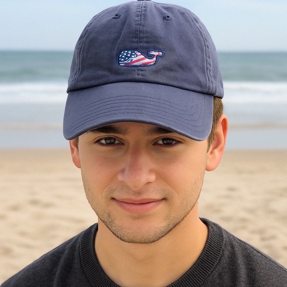 Vineyard Vines Hat Cap Mens Adjustable Blue Preppy American Flag Whale Logo